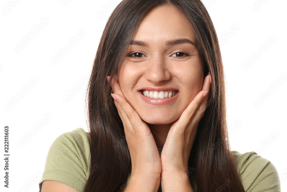 Beautiful young woman with healthy teeth on white background Beautiful young woman with healthy teeth on white background