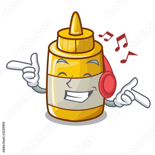 Listening music yellow mustard in plastic bottle cartoon