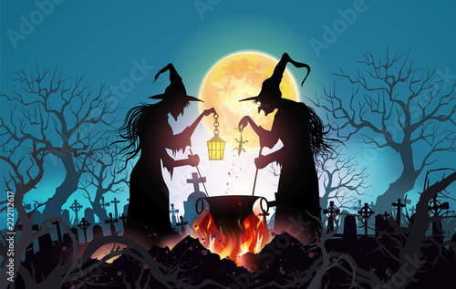 Happy Halloween background with Old witch with magical potion and the dead trees under the moonlight.- Vector illustration