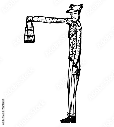 Vintage gentleman stands with a flashlight holding up sketch vintage  illustration