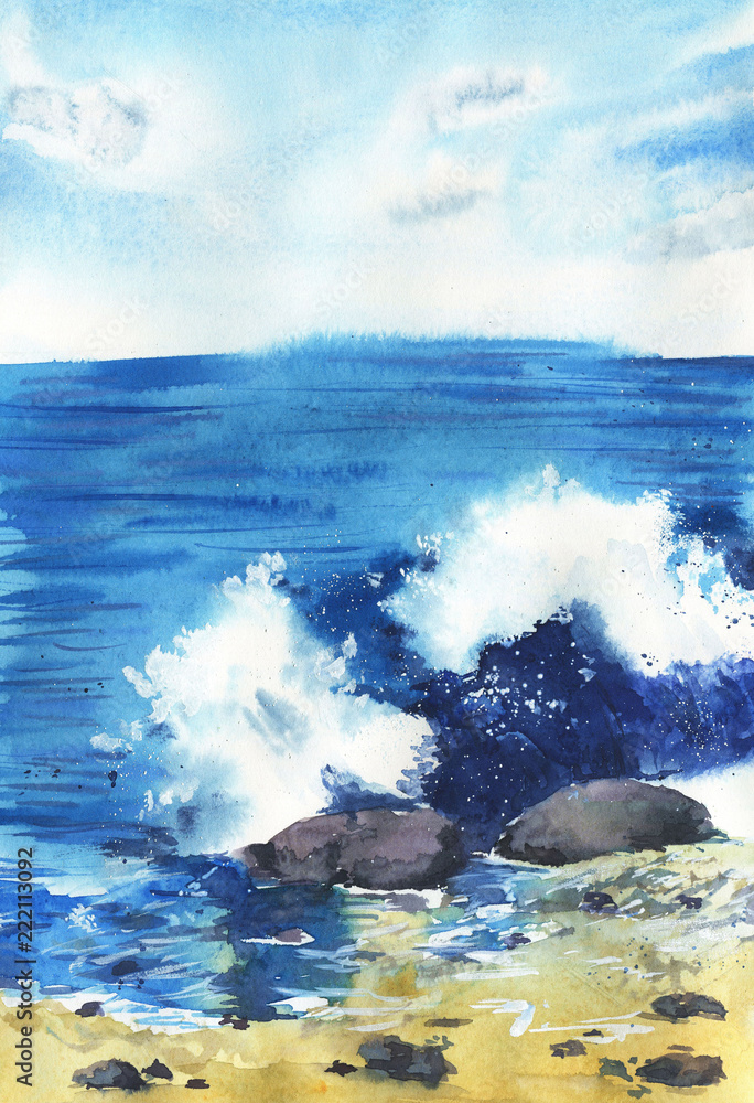 Big sea wave and beach painted by watercolor. Hand drawn illustration.