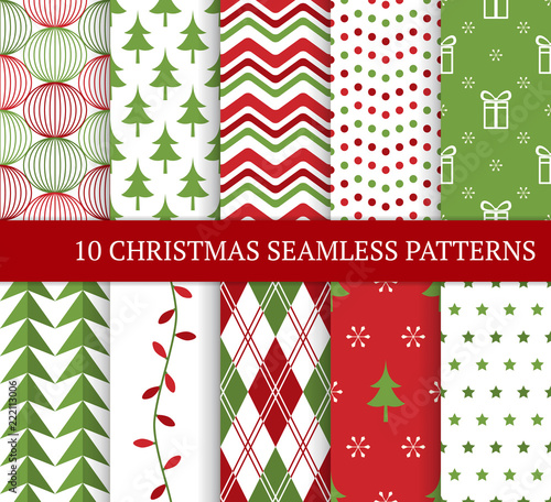 Ten Christmas different seamless patterns. Xmas endless texture for wallpaper, web page background, wrapping paper and etc. Retro style. Snowflakes, argyle, Christmas tree and garland.