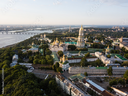 Aerial panoramiс top view of Kiev Pechersk Lavra churches on hills from above, cityscape of Kyiv city