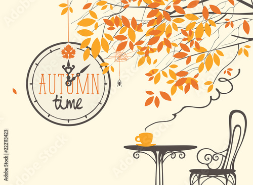 Vector landscape in retro style on the fall theme with the words autumn time on the clock, with a Cup of hot drink on the table in a street cafe under the autumn tree.