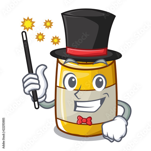 Magician homemade mustard sauce in cartoon bottle