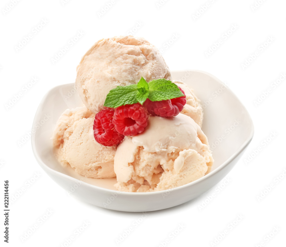 Bowl with delicious raspberry ice-cream on white background Bowl with delicious raspberry ice-cream on white background