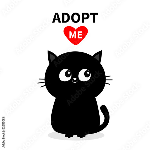 Black cat silhouette. Adopt me. Red heart. Pet adoption. Kawaii animal. Cute cartoon kitty character. Funny baby kitten. Help homeless animal Flat design. White background