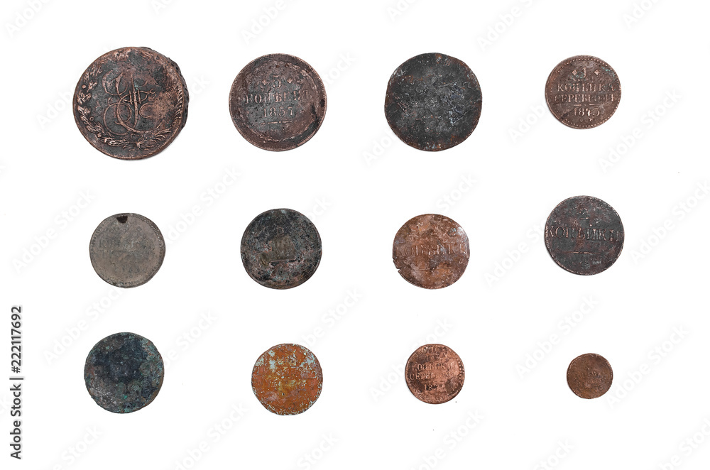 Old coins of Russian empire collection isolated on white background. Old coins of Russian empire collection isolated on white background.