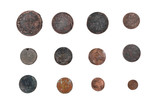 Old coins of Russian empire collection isolated on white background.