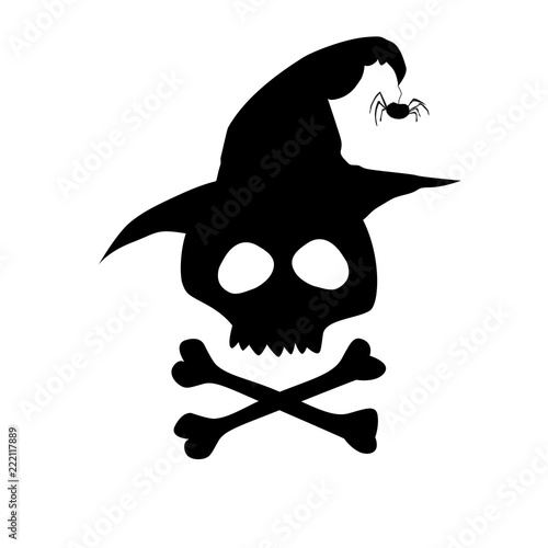 Black  silhouette of skull in witch hat  isolated on white backg
