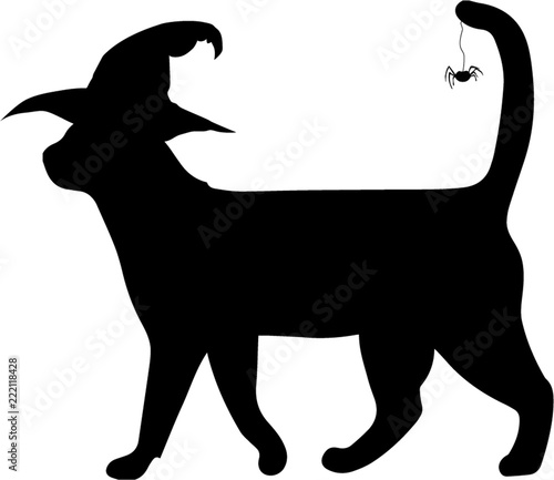 Black silhouette of walking cat in witch hat and spider on the t