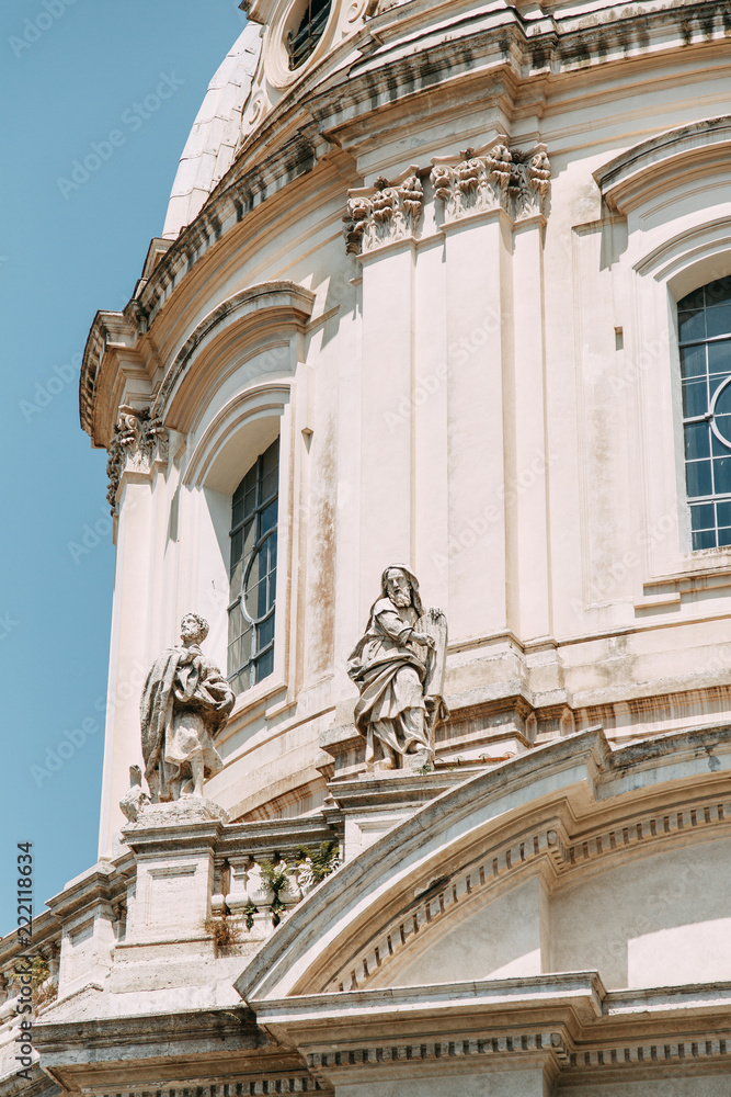 The architecture of Rome and the Italian style in stucco. Sights of the old town, tourist places. Street art, world heritage. Miracle of light. Carved columns and capitals