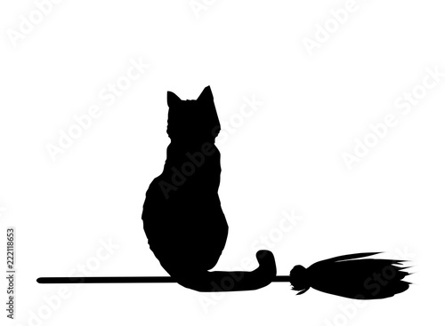 Silhouette of black cat  flying on broom isolated on white backg photo