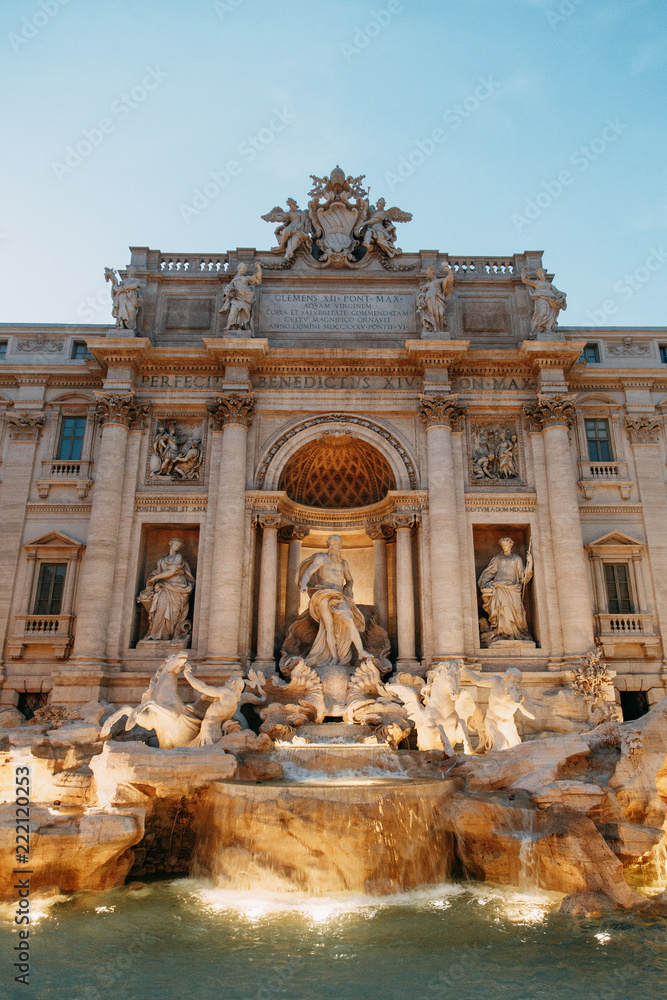 The Trevi fountain in Rome, a beautiful sight. Ancient architecture and sculpture. Art on the street, the most beautiful fountain in Europe