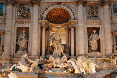 The Trevi fountain in Rome, a beautiful sight. Ancient architecture and sculpture. Art on the street, the most beautiful fountain in Europe