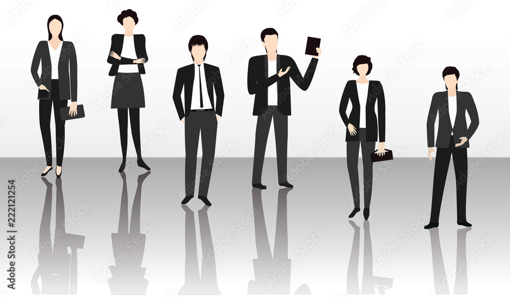 Team of young people in business suits - mirror image on black and white background - art vector. Team of young people in business suits - mirror image on black and white background - art vector.
