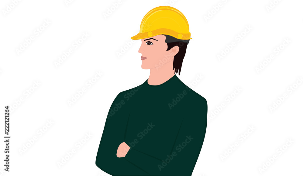 Builder, man in yellow helmet, in profile - isolated on white background - art vector. Builder, man in yellow helmet, in profile - isolated on white background - art vector.