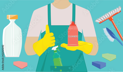 Cleaning service - Silhouette of a man in a rubber glove with his thumb up - brushes and bottles of cleansers - art vector