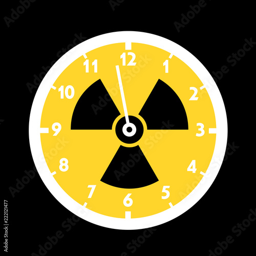 Doomsday clock with symbol of nuclear and atomic radiactivity - countdown of time as metaphor - Radioactive fallout, disaster and catastrophe is coming. Vector illustration