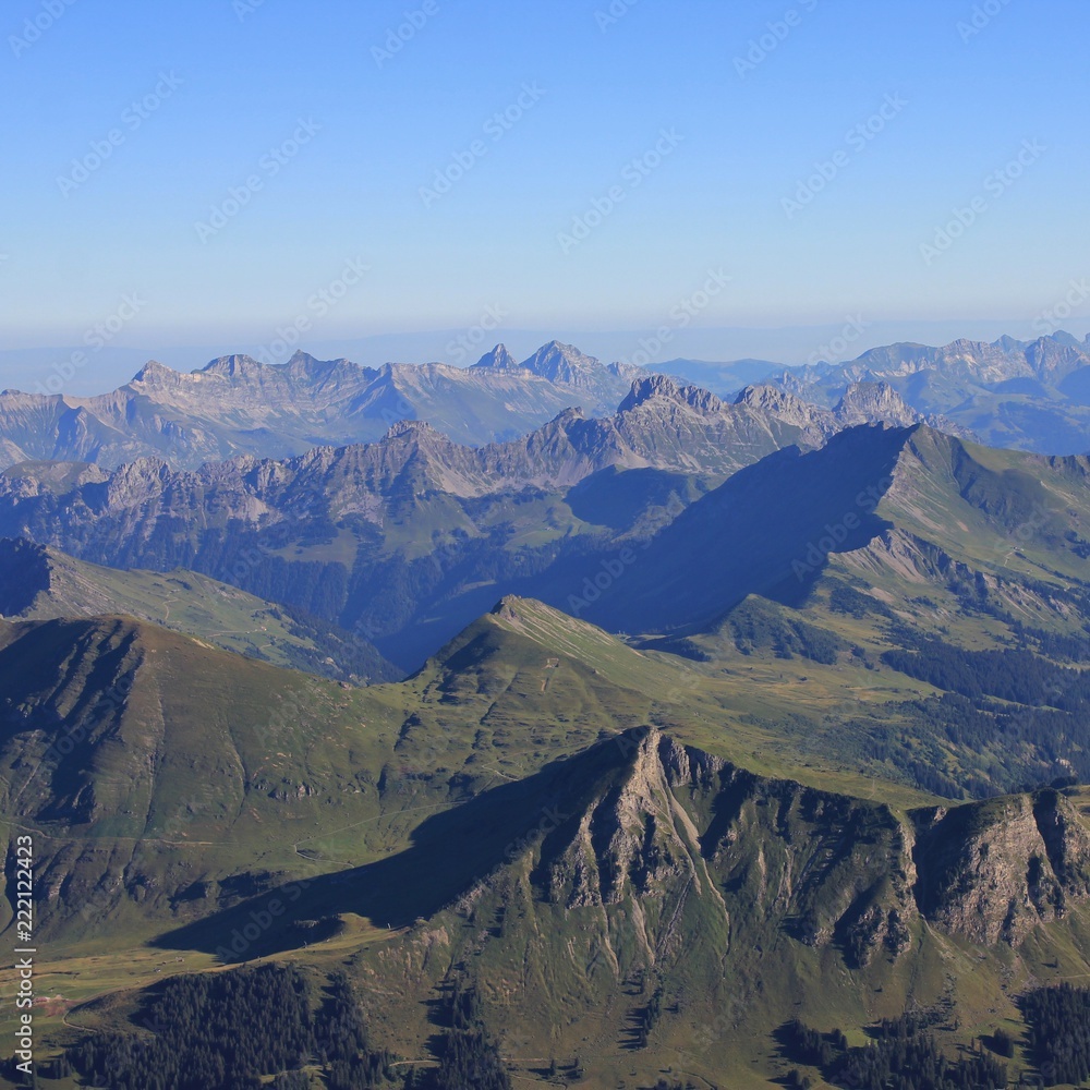 Mountain ranges in the Swiss Alps seen from Glacier 3000, Switzerland.