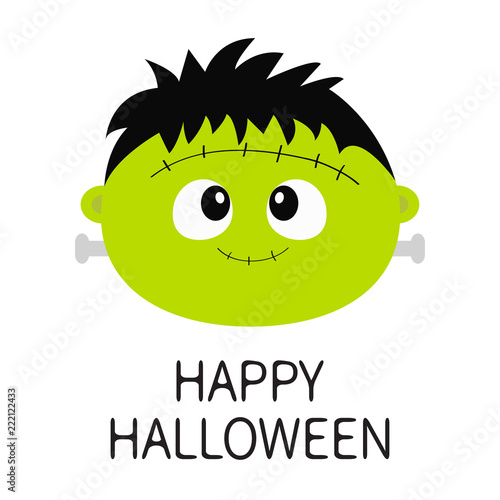 Happy Halloween. Frankenstein Zombie monster round face icon. Cute cartoon funny spooky baby character. Green head. Greeting card. Flat design. White background. Isolated.