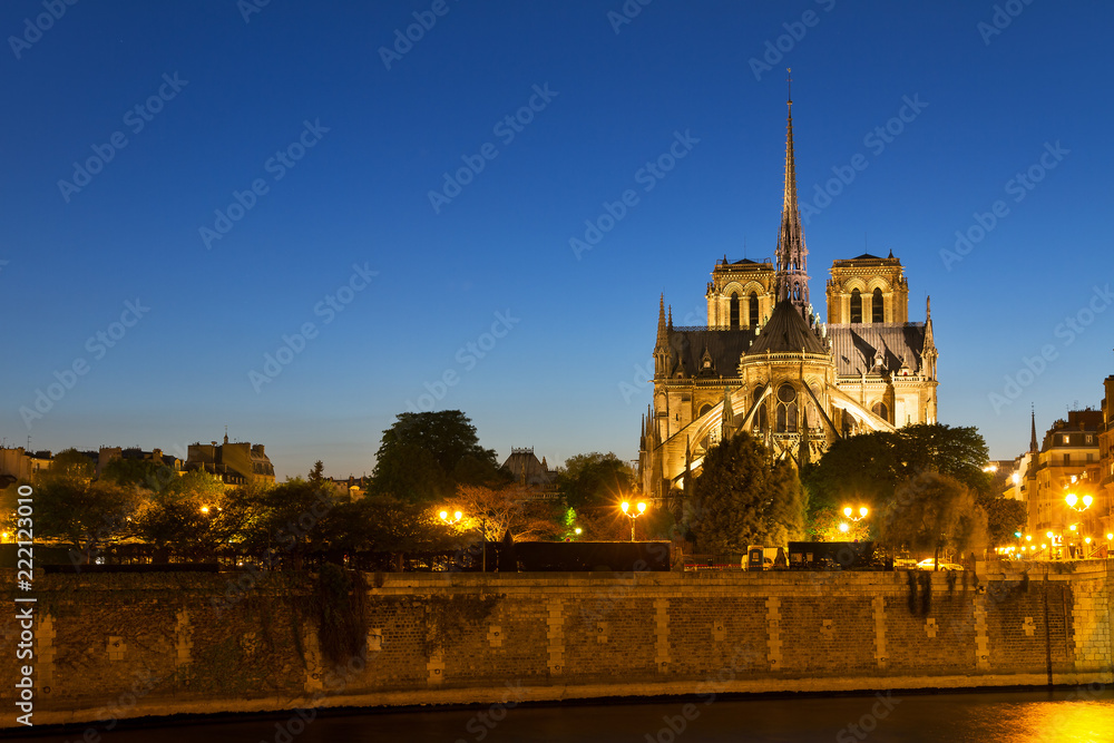 The Notre-Dame cathedral in the blue hour in Paris, France
