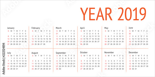 Year 2019 calendar vector design template