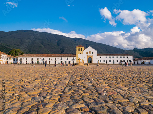 Colombia, Villa de Leyva (Plaza Mayor) is a touristic colonial town and municipality, in the Ricaurte Province, part of the Boyaca, department of Colombia. Parish church on the plaza central