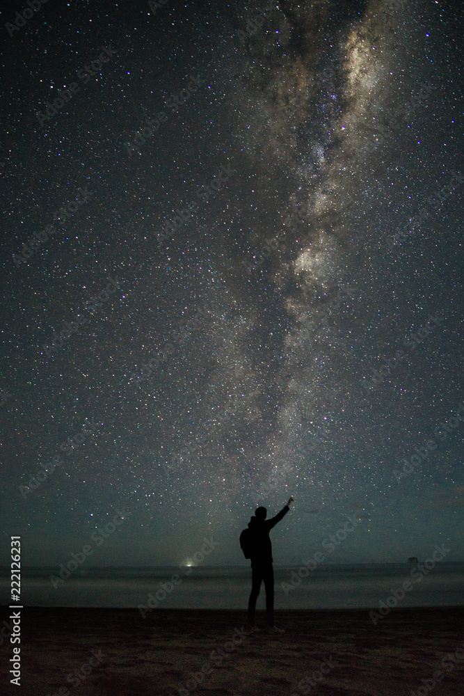 Silhouette of man in front of stars and milky way Silhouette of man in front of stars and milky way