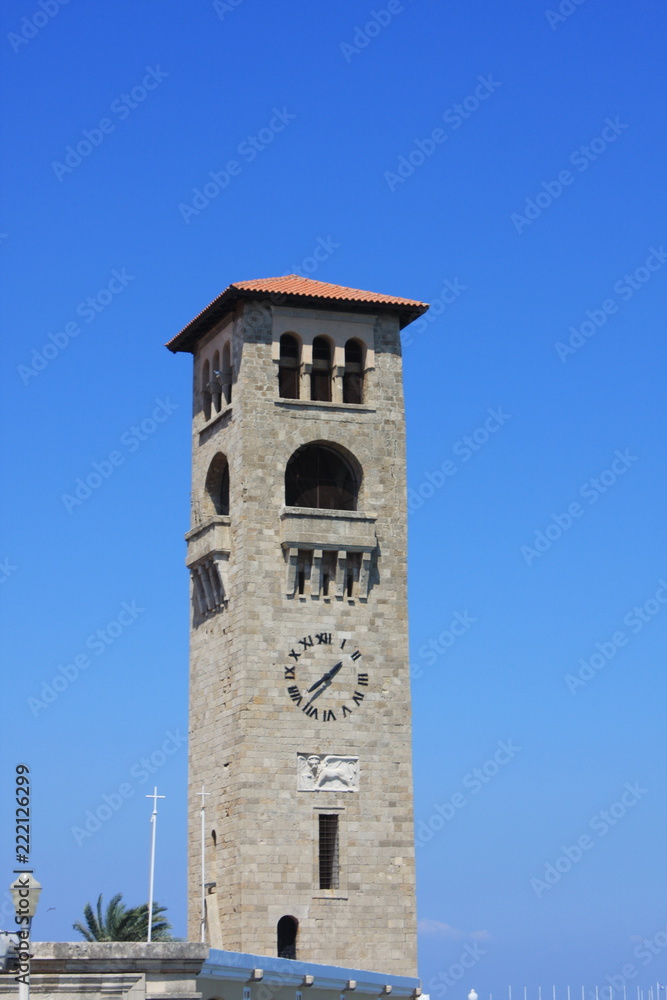Evangelist Kilisesi orthodox church (Ekklisia Evaggelismos) - the tower clock on Rhodes, Greece.