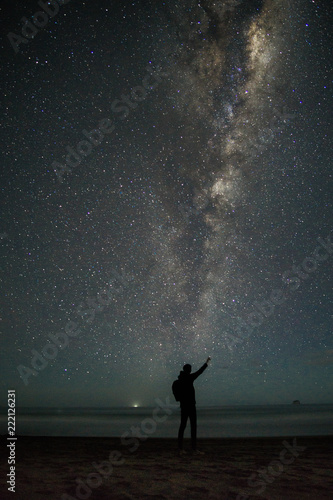 Silhouette of man in front of stars and milky way