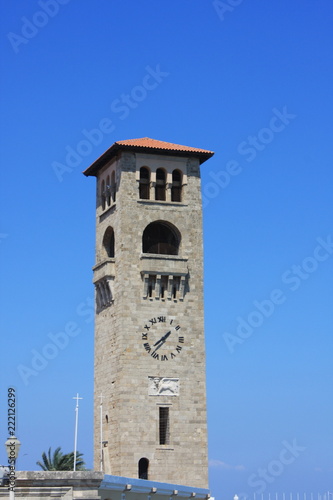 Evangelist Kilisesi orthodox church (Ekklisia Evaggelismos) - the tower clock on Rhodes, Greece.