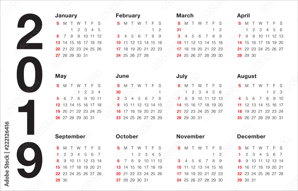 Obraz Rok 2019 szablon wektor kalendarza