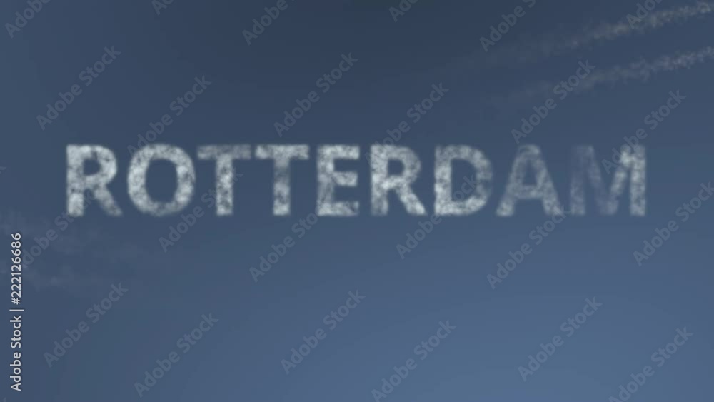 Flying airplanes reveal Rotterdam caption. Traveling to Netherlands conceptual intro animation Flying airplanes reveal Rotterdam caption. Traveling to Netherlands conceptual intro animation