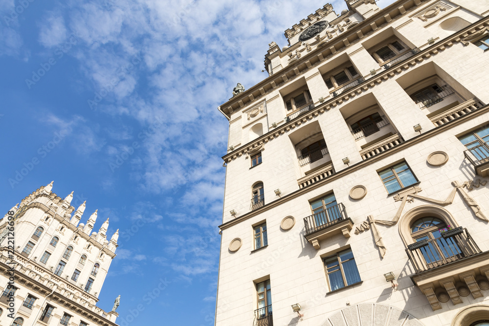 Fototapeta premium Detailed view of The Gates Of Minsk. Soviet Heritage. Famous Landmark. Station Square. Minsk. Belarus.