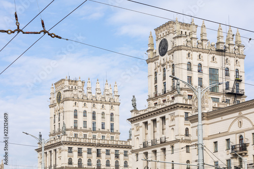 Detailed view of The Gates Of Minsk. Soviet Heritage. Famous Landmark. Station Square. Minsk. Belarus. photo