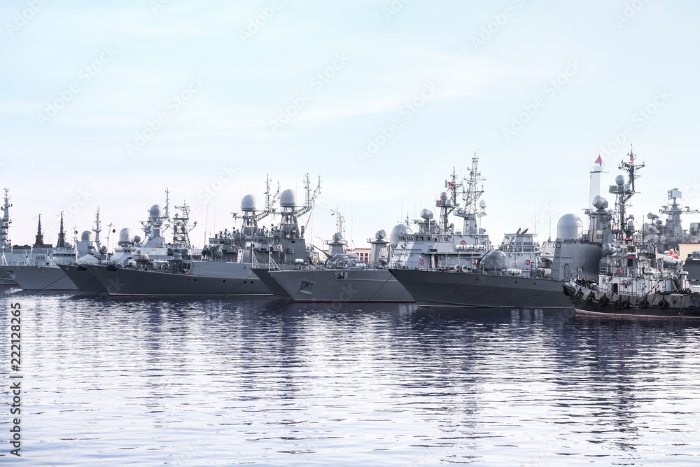 Big warships anchored at the sea