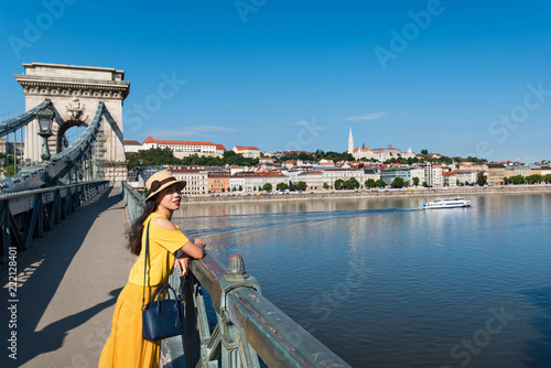 Female enjoying Budapest view from the bridge
