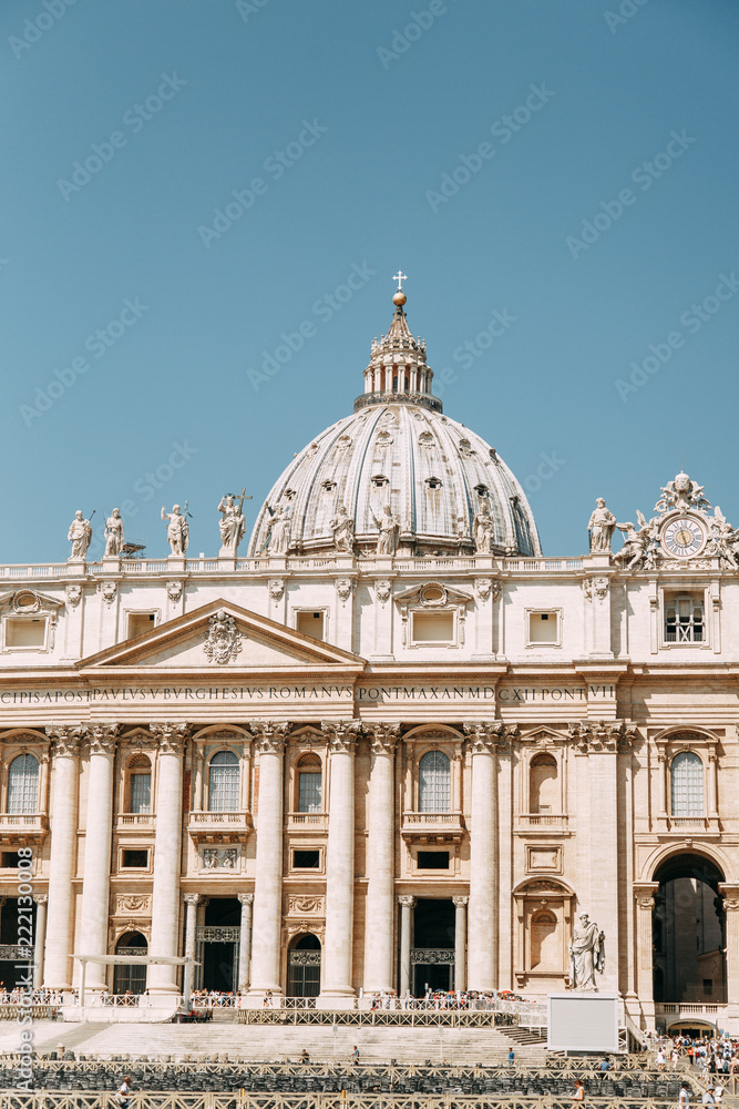 Vatican city, St. Peter's square. The view from the top and inside. Ancient architecture of Rome and the sights. Sculptures and Frescoes of great artists. Vatican Museum inside. Panoramic view