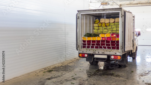 Obraz na płótnie Opened back doors of the truck loaded with rose flowers