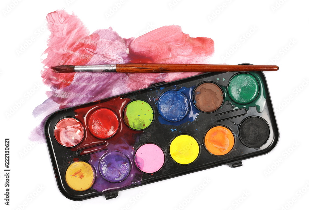 Watercolor pallet and paintbrushes isolated on white, top view Watercolor pallet and paintbrushes isolated on white, top view