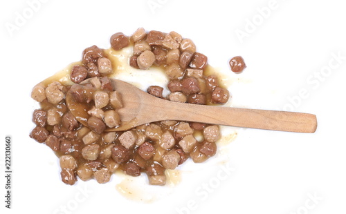 Cat food with wooden spoon isolated on white background, top view