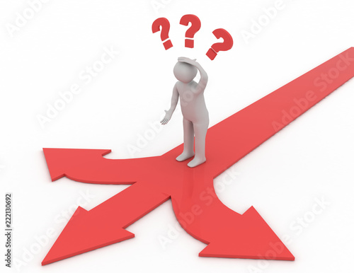 man thinking and confusing with three red arrows showing three different directions.