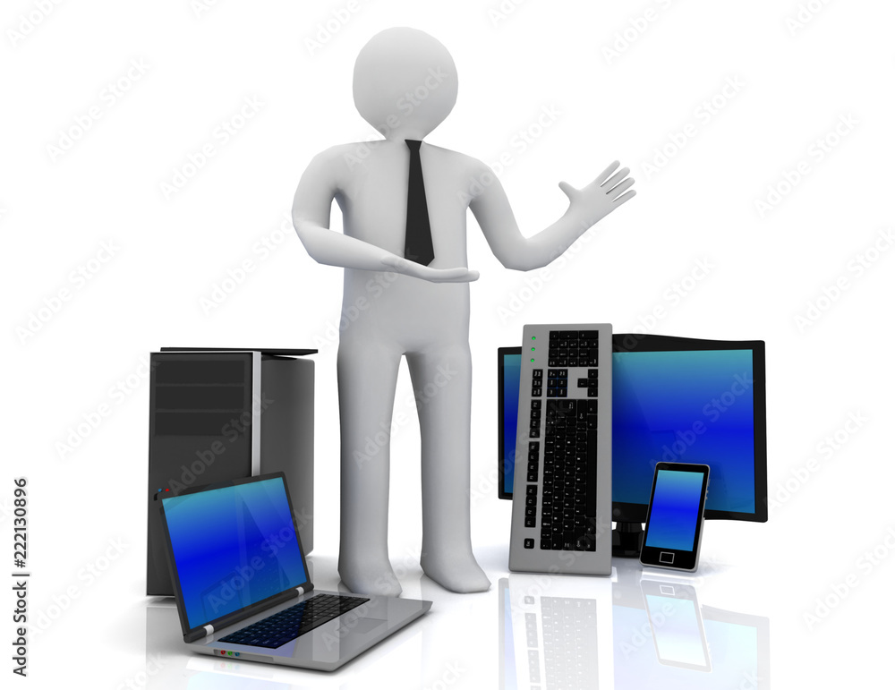 3d man presenting electronics on white background 3d man presenting electronics on white background
