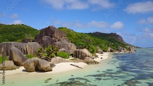 Aerial drone shot of the tropical and beautiful Anse Source D'argent beach in the Seychelles photo