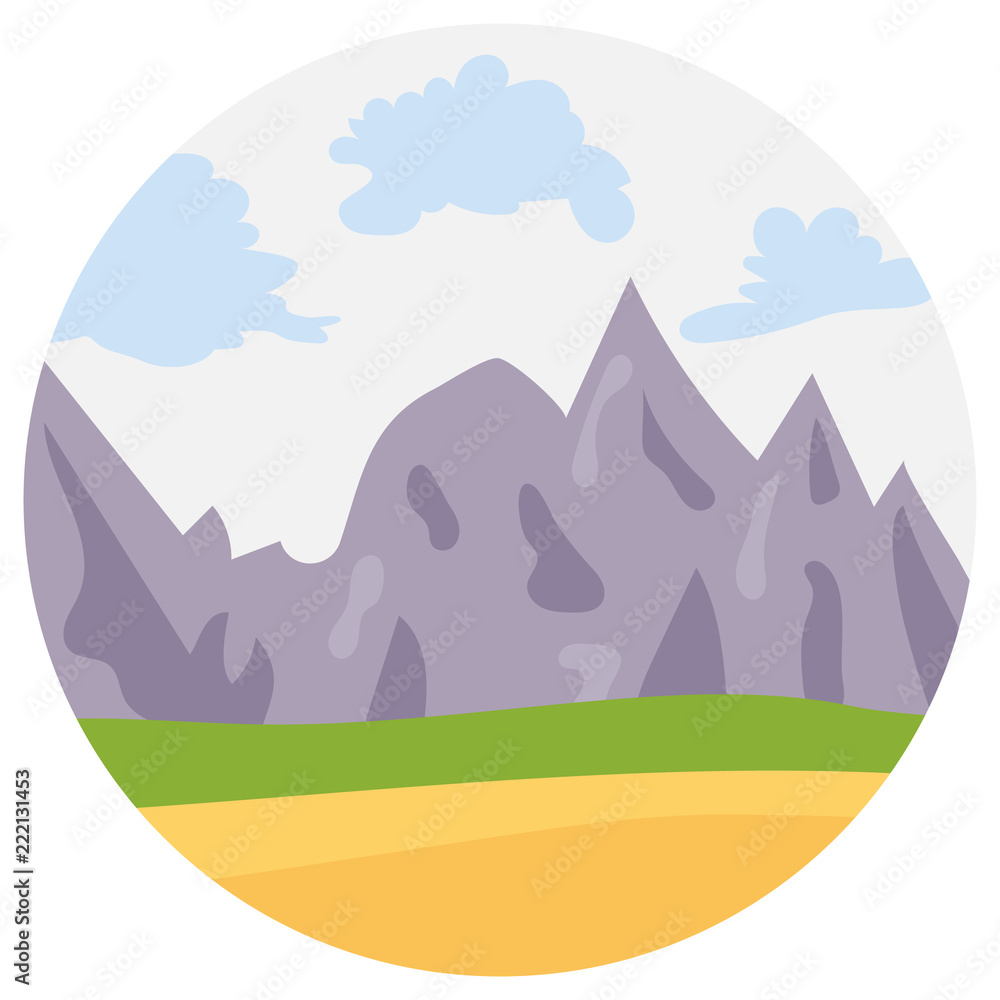 Natural cartoon landscape in circle. Vector illustration in the flat style with mountains, blue sky, clouds  and hills.
