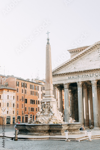 The architecture of Rome and the Italian style in stucco. Sights of the old town, tourist places. Street art, world heritage. Miracle of light. Carved columns and capitals. Ancient structure