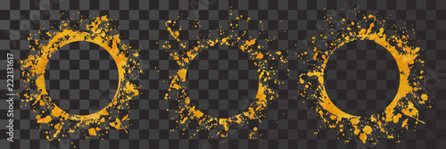 Splatter gold round frame backgrounds paints set with golden splash on black.