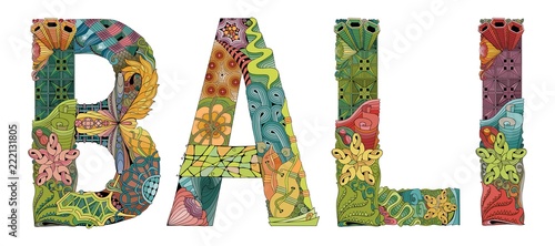 Word BALI. Vector decorative zentangle object for decoration