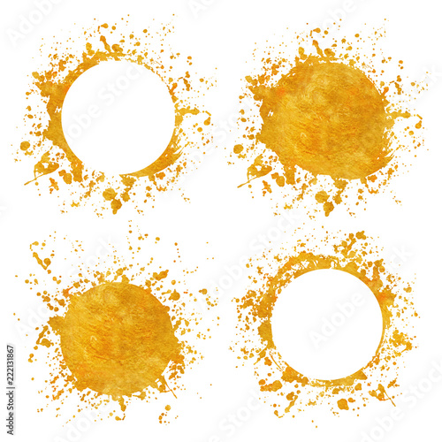 Splatter gold round frame backgrounds paints set with golden splash on white.